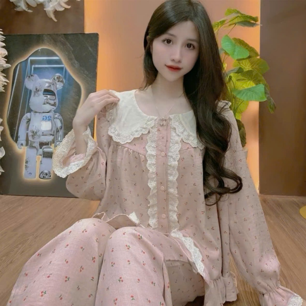 HN03-ชุดบ้านคอระบายแขนยาวลายดอกซากุระสําหรับนางสาวมิ <60กก