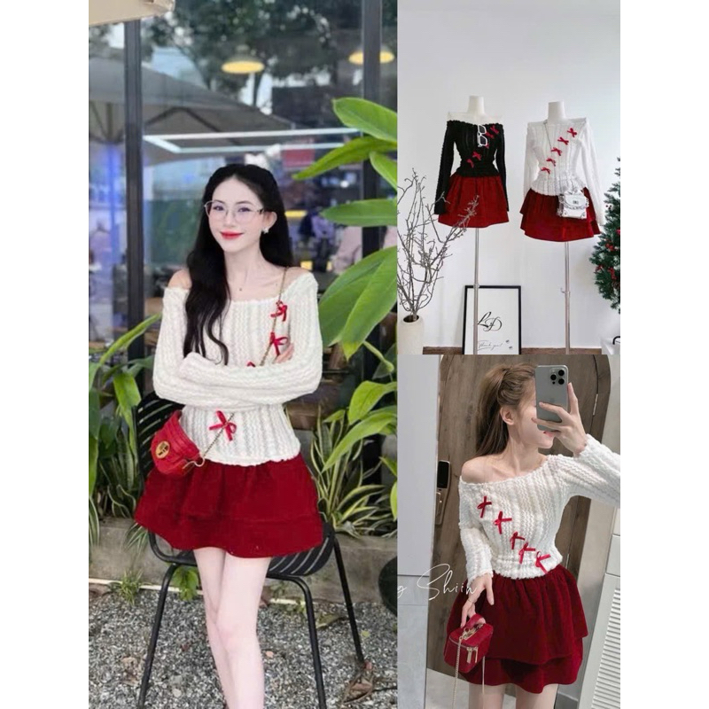 ชุดเสื้อคลุมขนกระต่ายเปิดไหล่โบว์สีแดง+กระโปรงผ้ากํามะหยี่สีแดงสําหรับ tt 2025 โดย CarrotStore