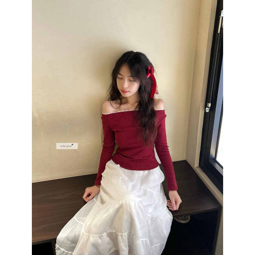 เสื้อเกาะอกลูกไม้ - เสื้อยืดสีพื้นผู้หญิงปิดไหล่ เสื้อยืดลูกไม้แขนยาว nhiennhanvintage BA436