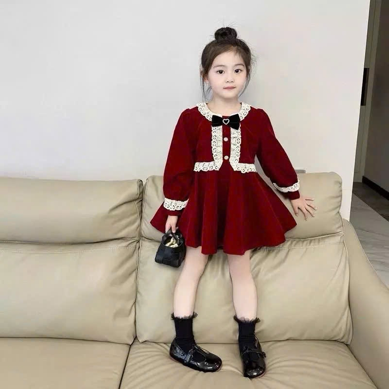 ชุดฤดูใบไม้ร่วง-ฤดูหนาวของเด็กผู้หญิงชุดเดรสกํามะหยี่ 2 ชั้นคอปกโบว์สไตล์เลดี้ไลค์สําหรับเด็กสวมใส่คริสต์มาสและปีใหม่ 2025 สําหรับเด็ก 10 - 20กิโลกรัม ดวงจันทร์ จอห์นนี่