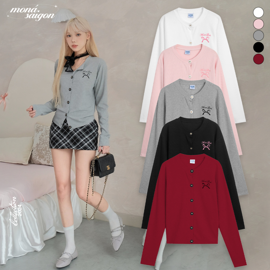 เสื้อคาร์ดิแกนแขนยาวจั๊มปักลาย BOW MON-BOW สําหรับผู้หญิง