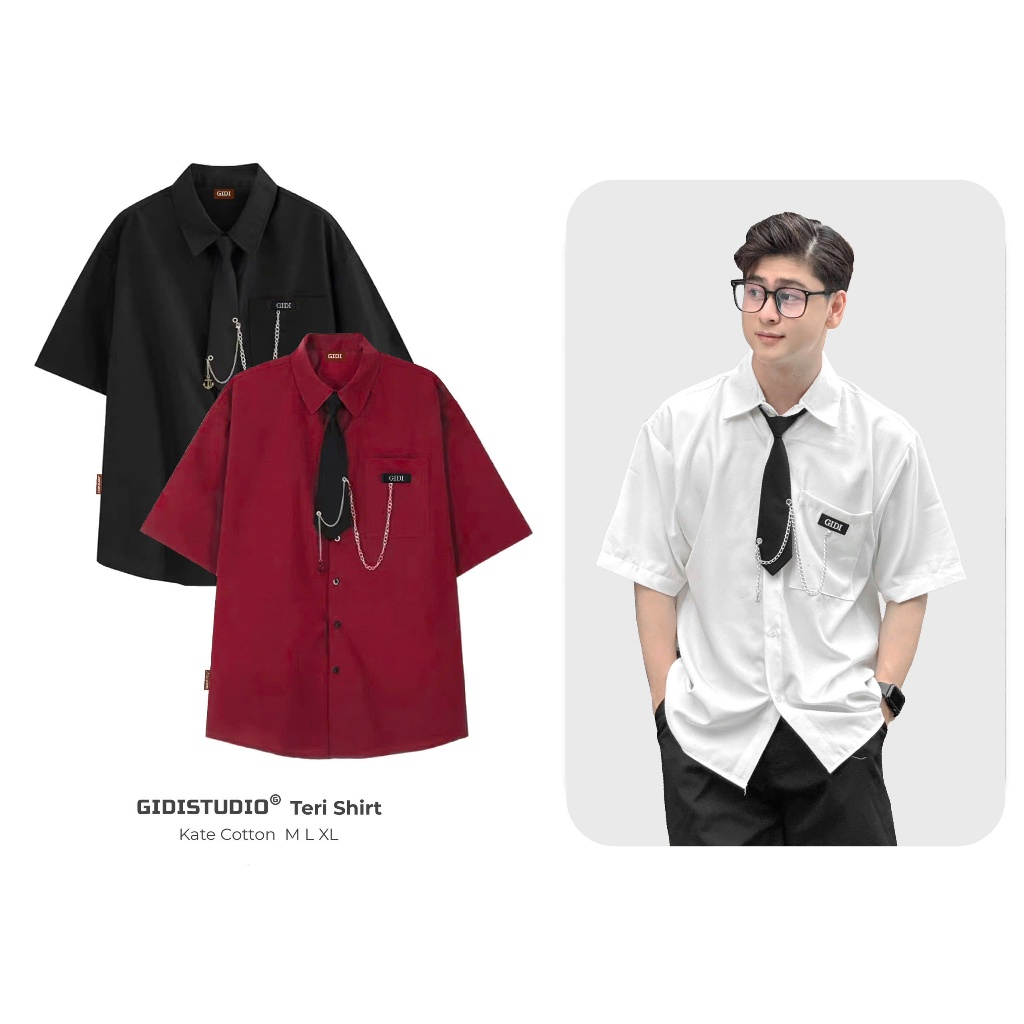 เสื้อเทรี แขนสั้นมีกระเป๋าแถมเน็คไทสําหรับผู้ชายและผู้หญิง ไม่จํากัดเพศ 5 สี เทรนด์มาแรง ลายหลวม-ผ้าไหมหนาโปร่งสบาย