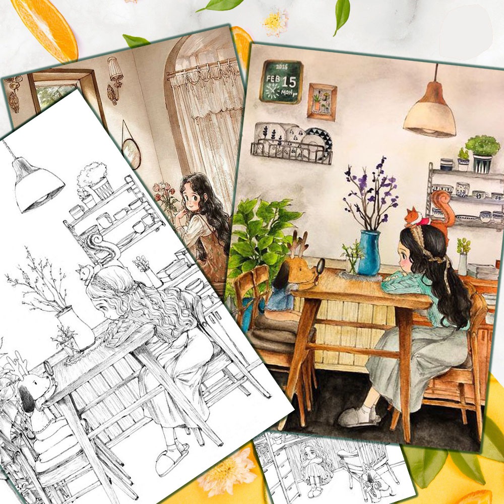 ชุด 50 ชิ้นสาวเดี่ยวน่ารักหน้าระบายสีกระดาษหนาที่สวยงามสําหรับฝึกวาดภาพคลายเครียด นางสาว0101