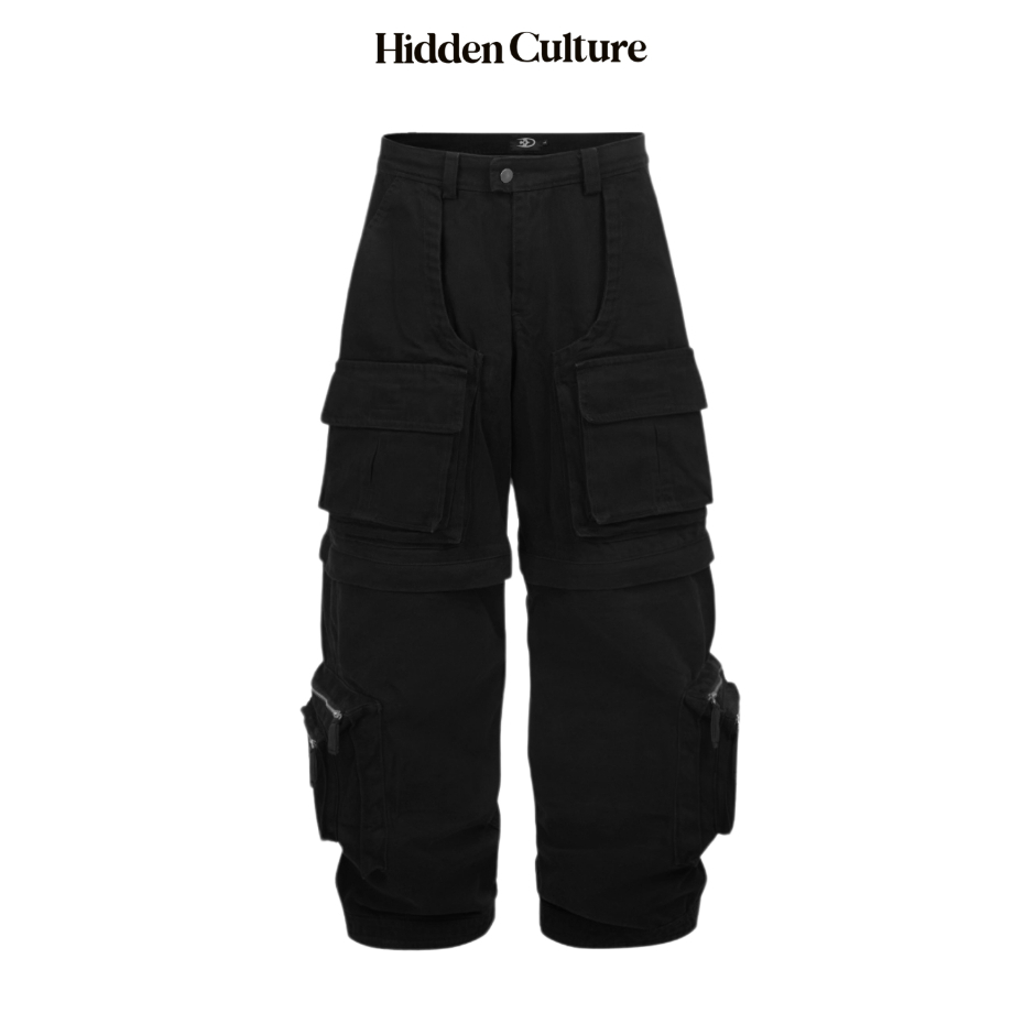 Hidden Culture Baggy Form CARGO PANTS - 2IN1 BAGGY CARGO PANTS - ล้างสีดํา