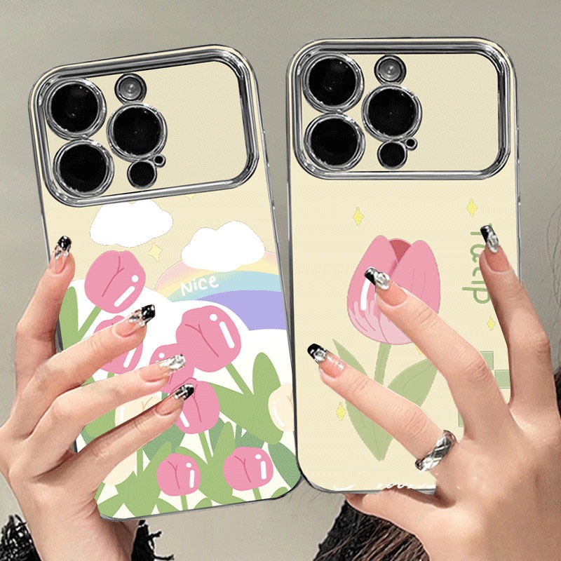 สีชมพูสวย tuplip ดอกไม้คู่ iPhone กรณีหน้าต่างชุบโลหะขนาดใหญ่สําหรับ iPhone 11 12 13Pro X XS MAX 7 8