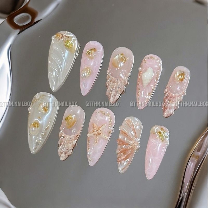 Sea Season Nailbox [T71] Seashell Design Star Snail Sea Wave Mirror เจลนูน