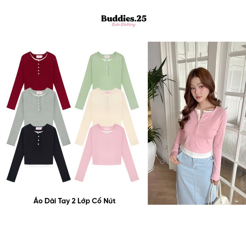 Buddies.25 เสื้อยืดแขนยาวคอปกกระดุม 2 ชั้นหนา