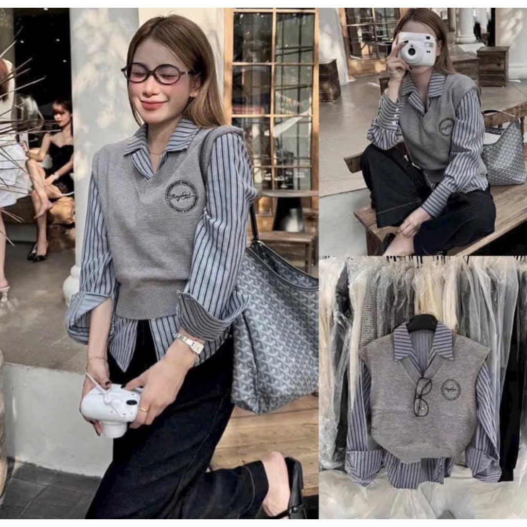 ชุดเสื้อลายสก๊อตแขนยาวพร้อมกั๊กไหมพรมสีเทาพร้อมตรากันหนาว