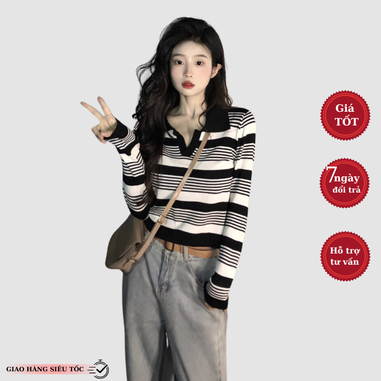 HUNALY สเวตเตอร์แขนยาวผ้าถักคอปกเปิดลงและลายทางแนวนอนสไตล์เกาหลีคลาสสิค สวมใส่ง่าย เข้ากับฟิกเกอร์ M