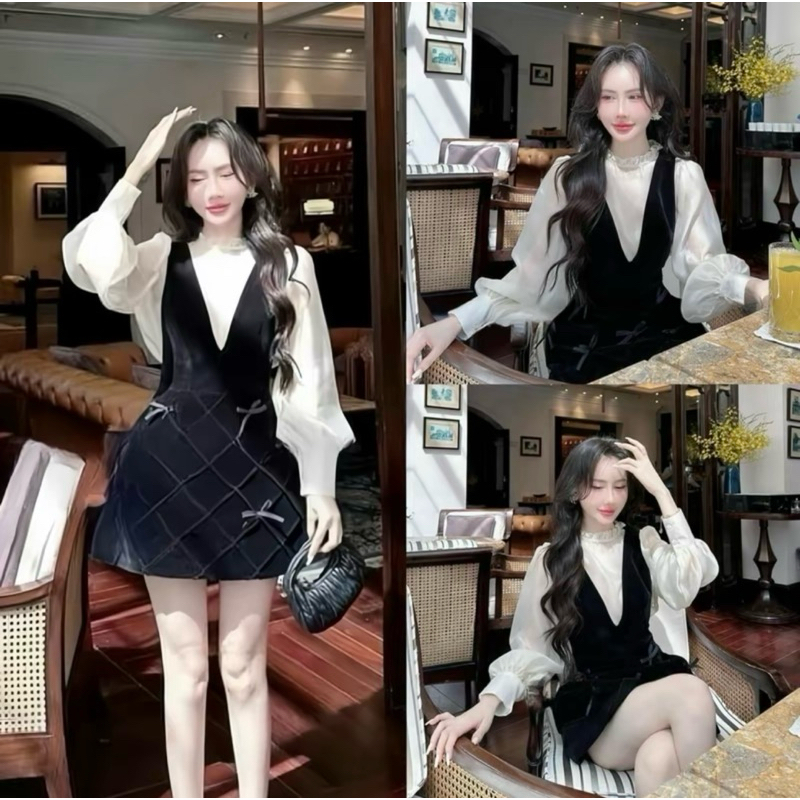 [ส2.2050] ชุดสายเดี่ยวกํามะหยี่คอวีมีโบว์ 2 ชั้น พร้อมแผ่นรองหน้าอก ผสมเสื้อไหมพรมแขนบอล (มีซับในกางเกง โบว์หลัง กระเป๋าข้าง)