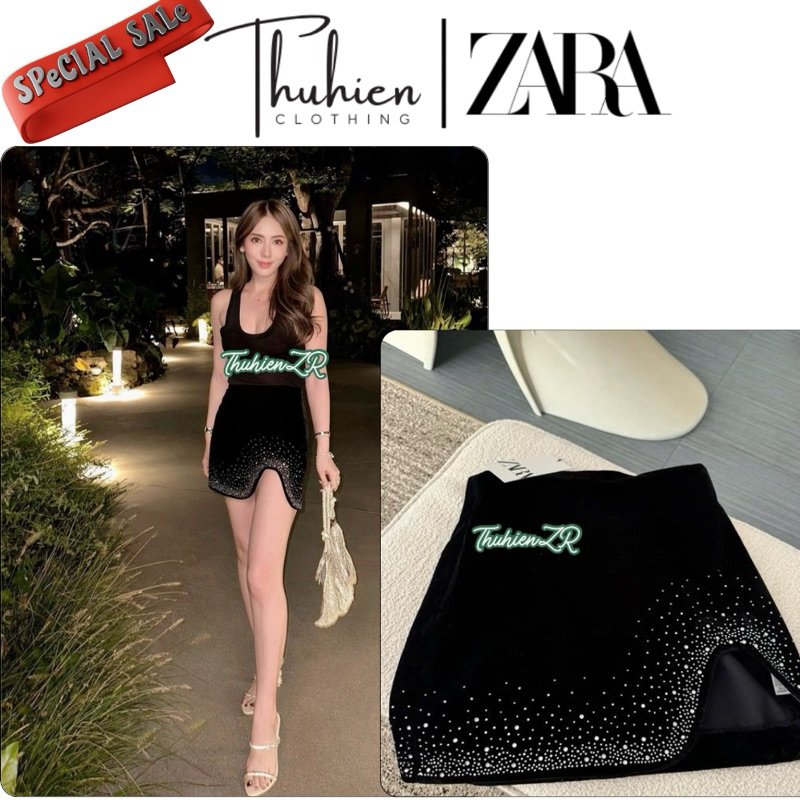 (ของแท้ ไซส์ XS)ZARA 4786/281/800 กระโปรงผ้ากํามะหยี่คัตเอาท์มีหินรุ่นลิมิเต็ด (มีรูปถ่ายจริง)