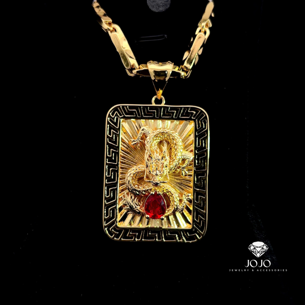 ม1669 จี้และสร้อยคอผู้ชาย โจโจ้ ออกแบบด้วย มังกร และหยกสีแดงคุณภาพสูงหรูหรา