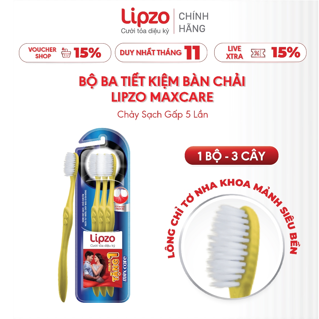 แปรงสีฟัน Lipzo Maxcare Saving Trio สําหรับผู้ใหญ่พร้อมขนแปรงไหมขัดฟันแบบบางที่ทนทานเป็นพิเศษ