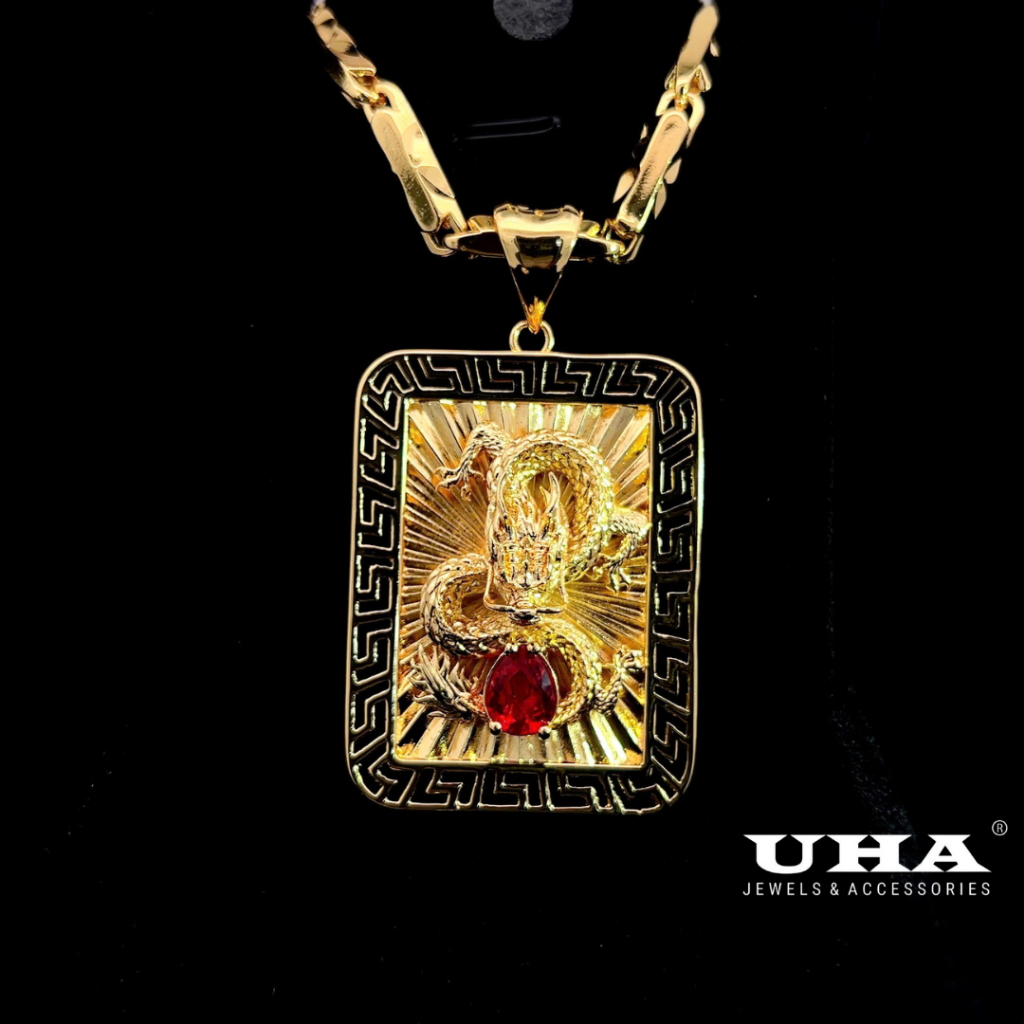 ม1669 จี้และสร้อยคอผู้ชายมังกรแดงและหัวใจหรูหรามากและมีเกียรติ เอ่อ