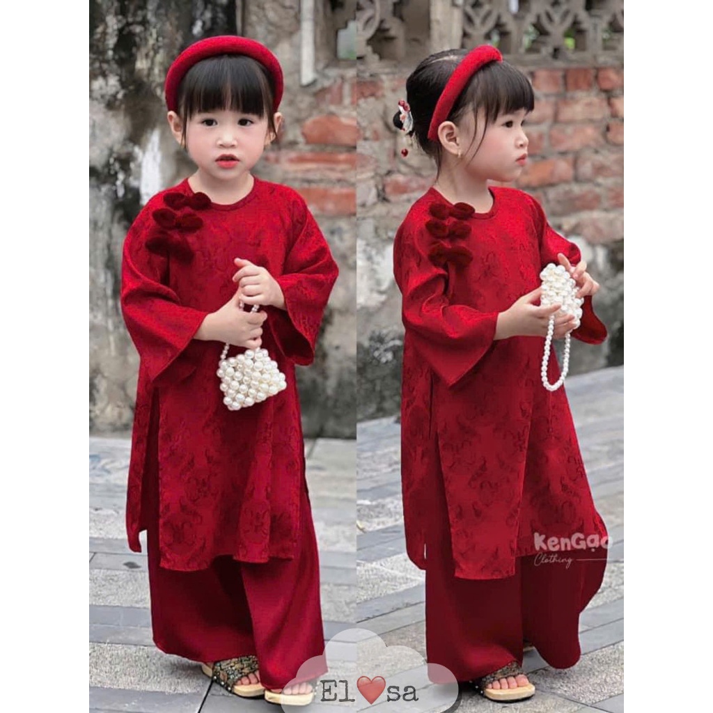 (ความสูงใต้ 125 ซม.)Girls Ao Dai - AAO DAI SET พร้อมสกรูกํามะหยี่สุดน่ารักสําหรับเด็กอายุ 1-8 ปี