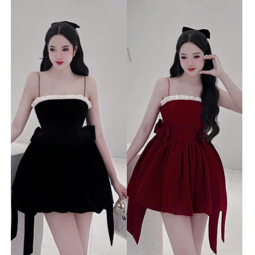 สไตล์ เดรสแฟชั่นผู้หญิง เดรสกํามะหยี่สองสาย แต่งสีขาว เอวโบว์ เดรสบานสั้น 2 สีแบนมาก
