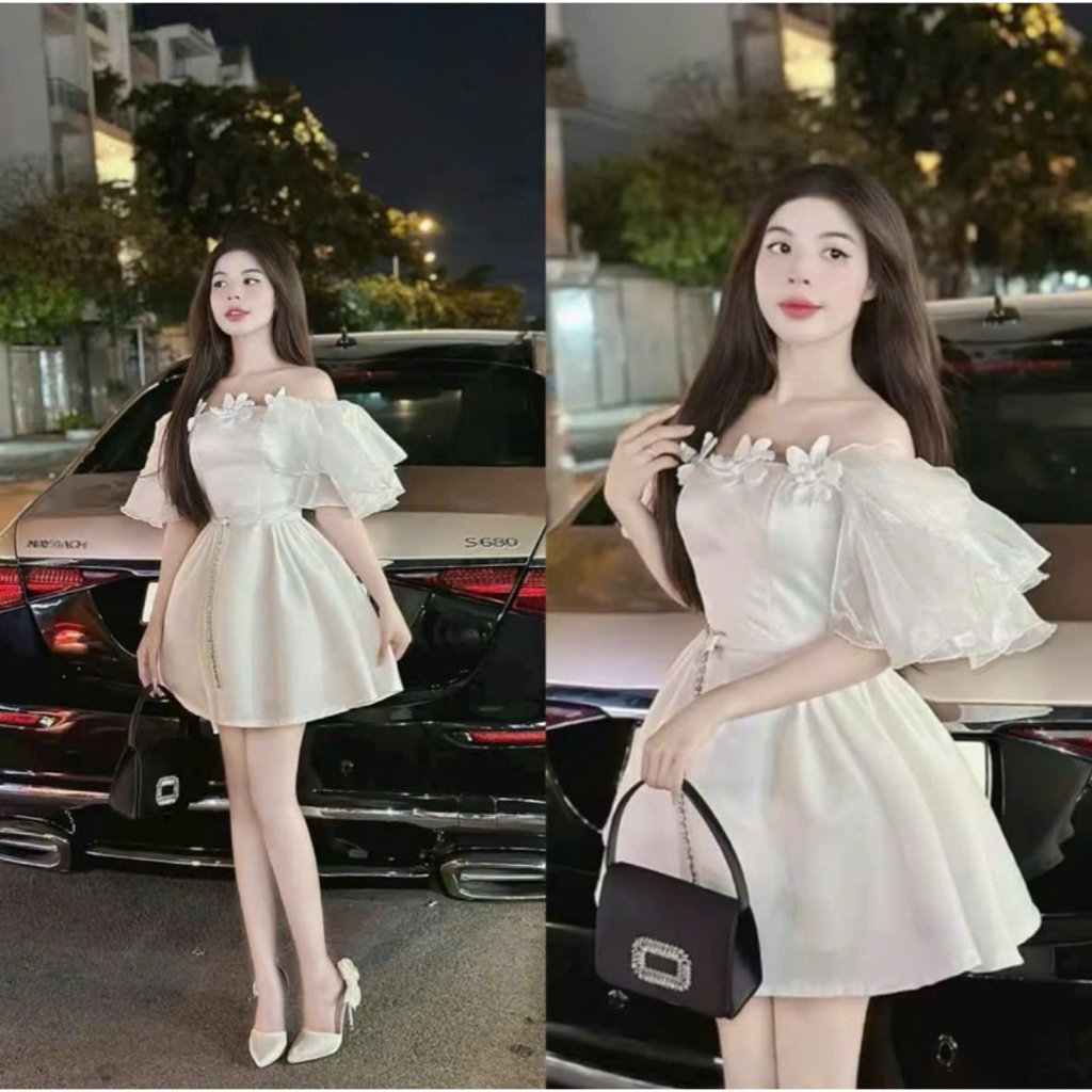 เดรสแฟชั่นสตรีปาร์ตี้สุดหรู เลดี้ เดรสตะปาเปิดไหล่มีแขนผสมผ้าชีฟองผ้าไหมระบายและดอกไม้ที่อกดีไซน์บานสั้น