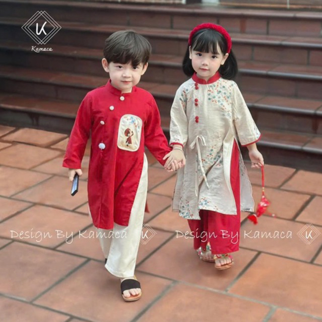 Ao dai สําหรับเด็กชายและเด็กหญิง ผ้าไหมดอกไม้สีขาวเนื้อนุ่ม ao dai สําหรับเด็ก ขนาด 10-30กก.