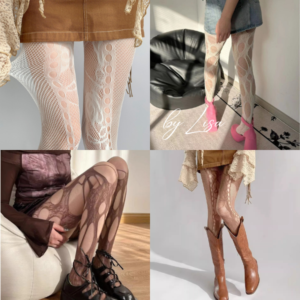 Y2K Style Unique Cut Elastic Lace Tights, Retro Punk Gothic Elastic Socks by.Lisa