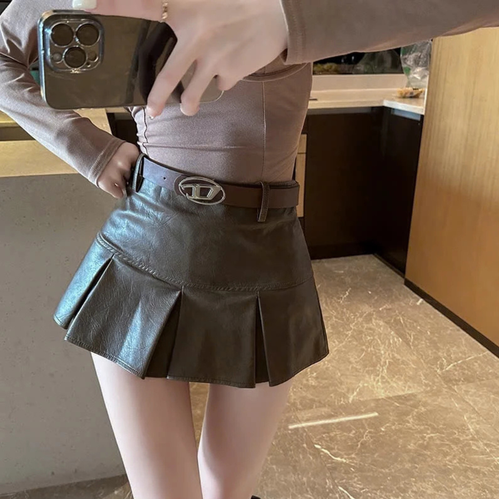 กระโปรงหนังจีบสั้นหรูหรากระโปรงจีบหนัง ปู่ สไตล์ ย2เค หนังนุ่มและเรียบสวย - รูปที่ 5
