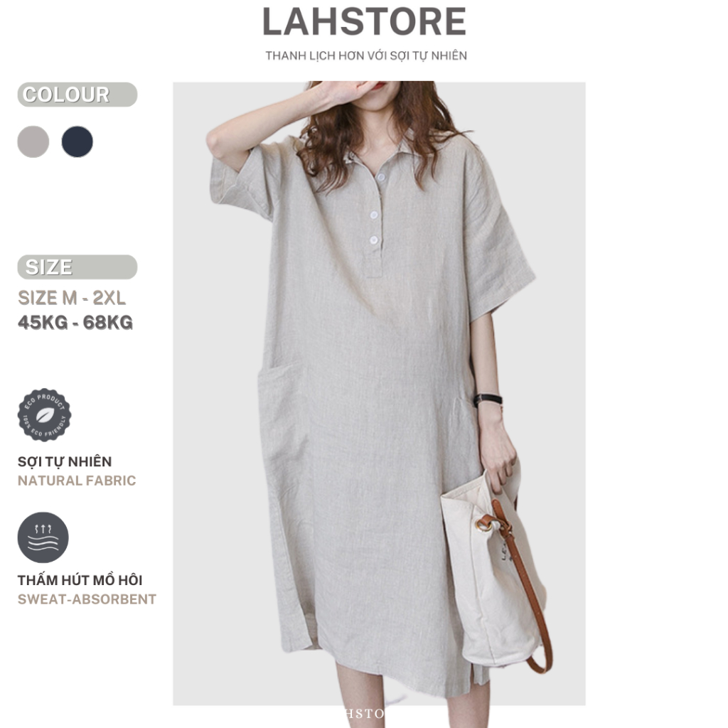 LAHSTORE ชุดเดรสทรงตรงผ้าลินินคอปกเชิ้ตแขนหลวมกระเป๋า 2 ข้างทรงหลวม DS28 (สีเทา,สีน้ําเงินเข้ม)