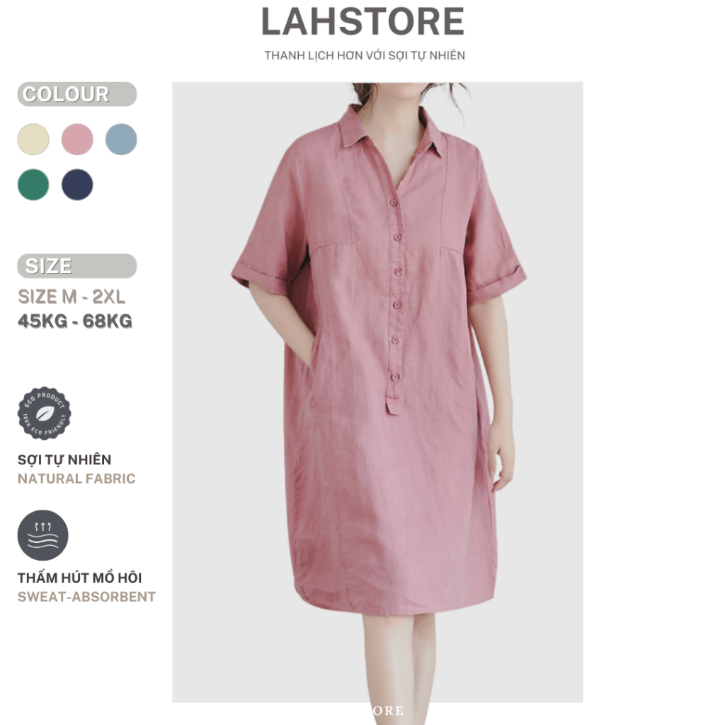 LAHSTORE เดรสลินินคอปกเยอรมันครึ่งแขนกระเป๋าทรงปล่อยอ่อนเยาว์ DS29 (สีชมพู ชมพู, เบจ, ฟ้า)