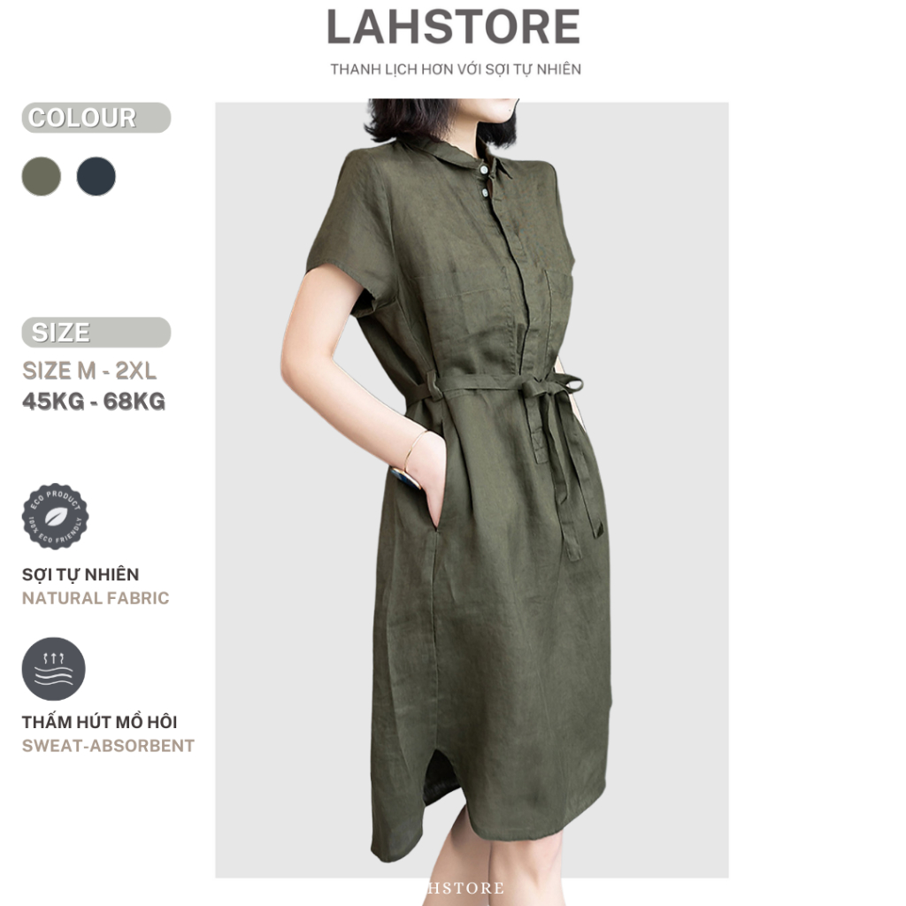 LAHSTORE เดรสผ้าลินินทรงตรงดีไซน์บานและกระเป๋าอก 2 ช่องพร้อมขอบเอวหรูหรา DS04 (Moss Green, Navy Blue)