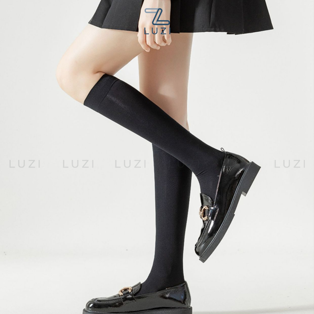 Luzi รองเท้าถุงเท้าคอสูงผู้หญิงสีดําและสีขาวพื้นฐานทําจากสแปนเด็กซ์ถุงเท้านักเรียนโลลิต้าน่ารัก PK_1
