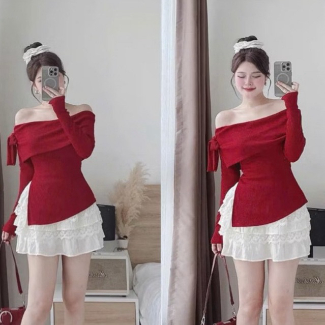 RED FLAT SHOULDER TET DRESS WITH LUXURY SHOULDER STRAPS TO777