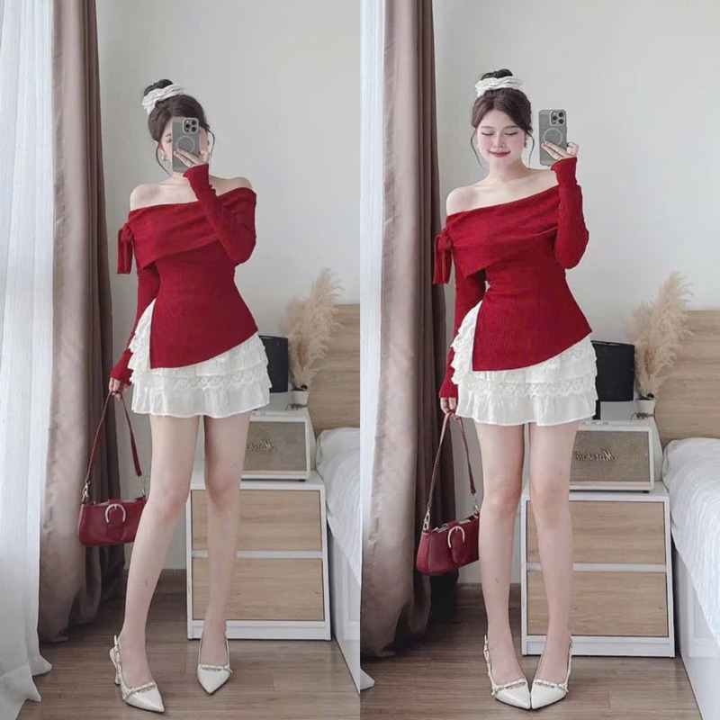 NOEN RED FLAT SHOULDER DRESS WITH LUXURY SHOULDER STRAPS ใน BOONG STORE TO777
