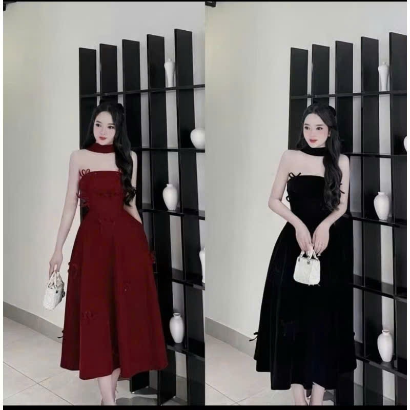 เดรสดีไซน์เป็นผ้ากํามะหยี่มีสายยาวและคอติดโบว์ มีระดับสุด สําหรับใส่ไปงานเลี้ยง ออกนอกบ้าน สวยสุดๆ