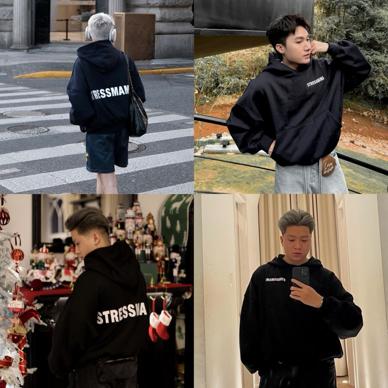 Boxy STRESSMAMA FALL24 เสื้อฮู้ด ผ้าสักหลาดผ้าฝ้ายหนา งานปักคุณภาพสูงไม่ลอก