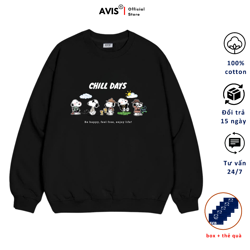 Chill DAY พิมพ์หลวมเสื้อกันหนาวแบรนด์ท้องถิ่น AVIS Cotton Fleece เสื้อยืดแขนยาว - AVIS1034