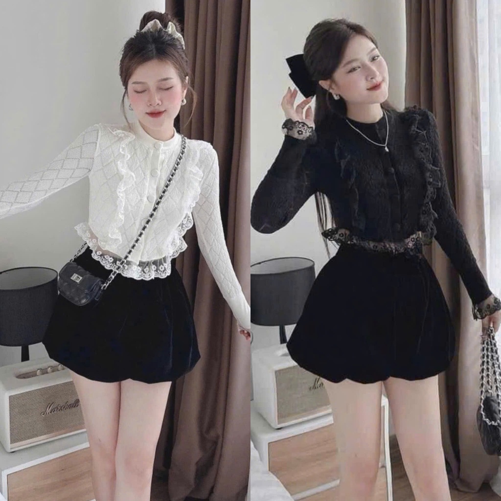 [รายการ 3 ขนาด]: ชุดเสื้อติดกระดุมขาวและดําหุ้มด้วยลายลูกไม้และลายดอกผสมกางเกงกํามะหยี่ทรงมาตรฐานแข็งแรงพร้อมรูปถ่ายจริง