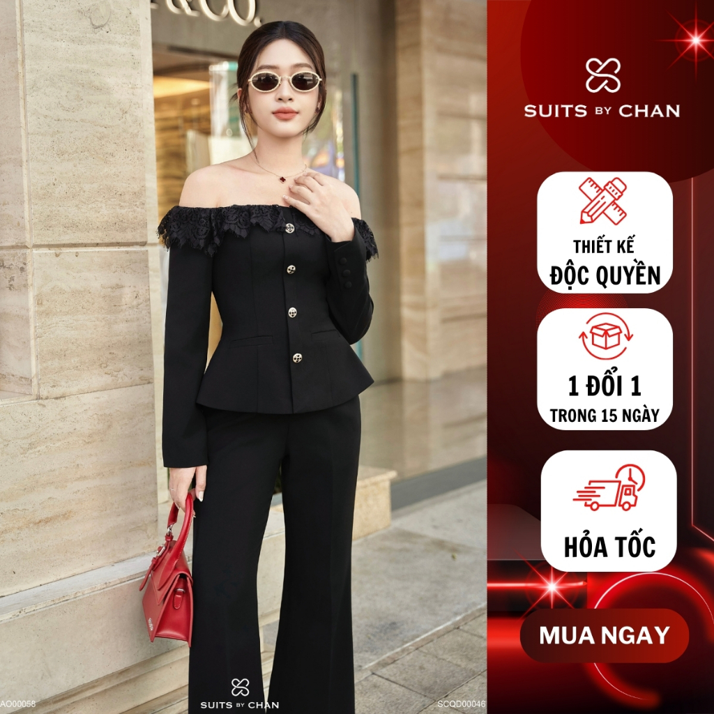 Suitbychan - ชุดเซ็ตผู้หญิง - เสื้อปาดไหล่ลูกไม้และกระดุม กางเกงขาบาน - SCAO00058 SCQD00046