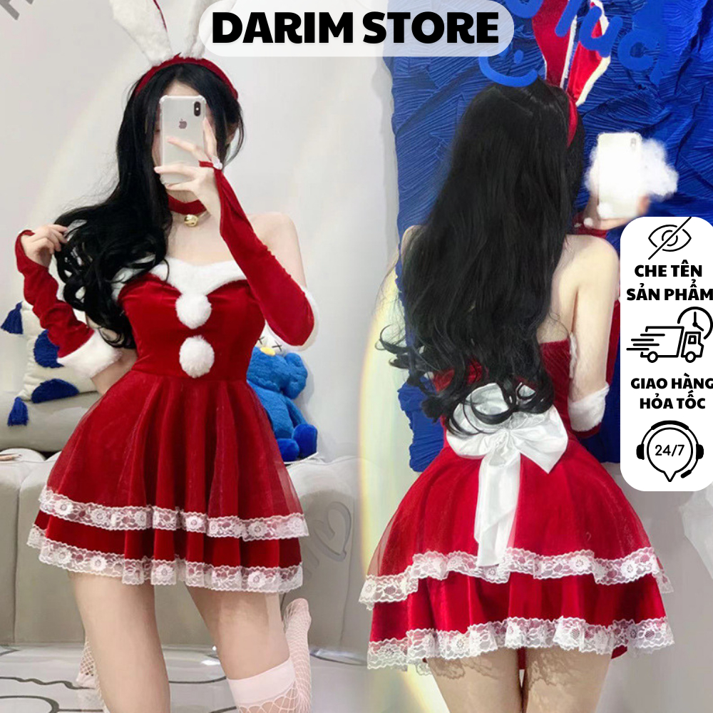 Darim ชุดคริสต์มาสกํามะหยี่สีแดงคอสเพลย์เครื่องแต่งกายกระต่ายคริสต์มาสพร้อมอุปกรณ์เสริม V01