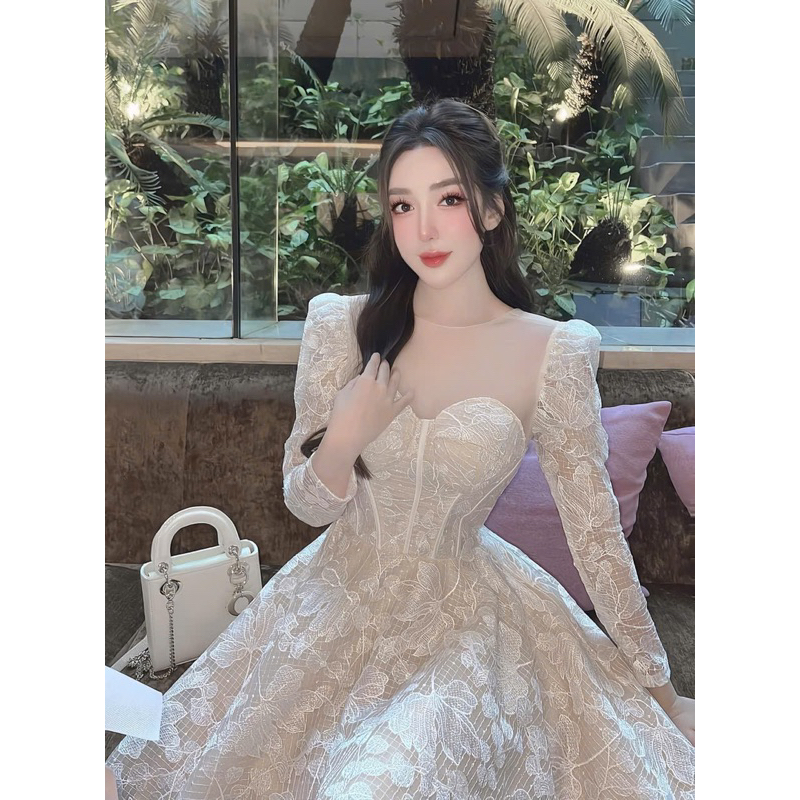 3-LAYER LACE DRESS WITHคอตาข่าย,แขนยาวลูกไม้, LUXURY NYC STYLE SQUARE NECK LACE DRESS FOR PARTY, WED