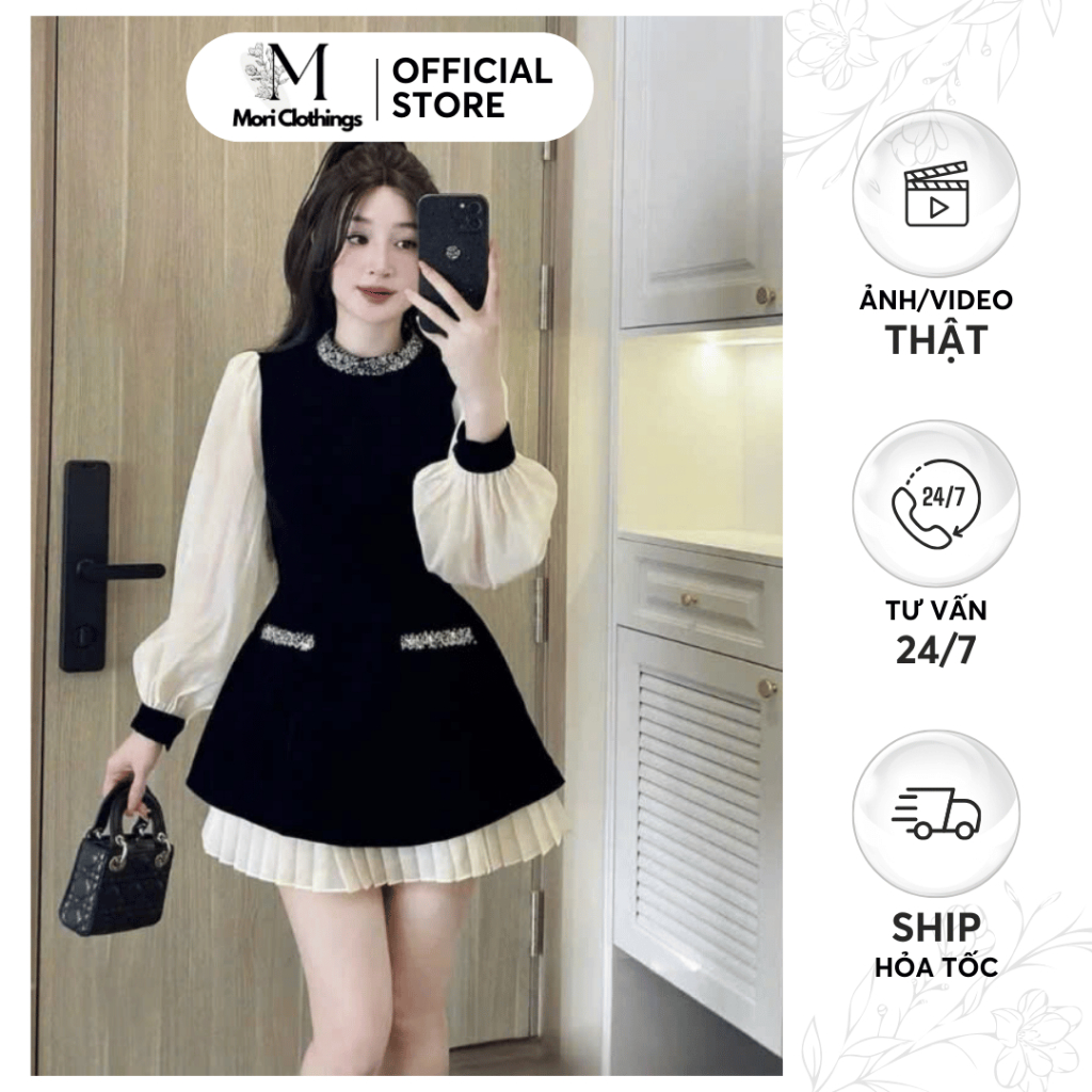 เดรสกํามะหยี่แขนผ้าไหมและดีไซน์กระโปรงจีบหรูหรา N181 | เสื้อผ้า MORI