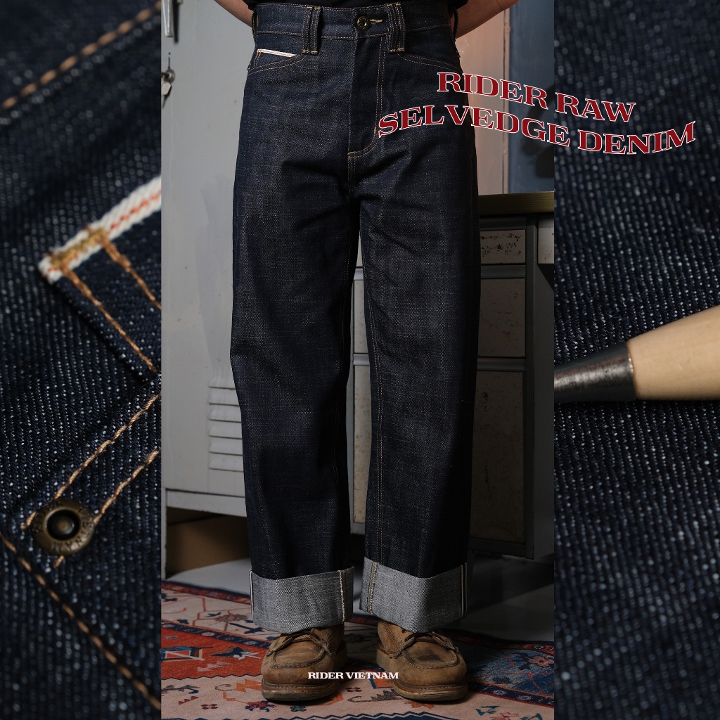 กางเกงยีนส์ขากว้างเอวสูงผู้ชาย 12Oz/13Oz/14Oz Raw Selvedge Denim - RIDER VIETAM