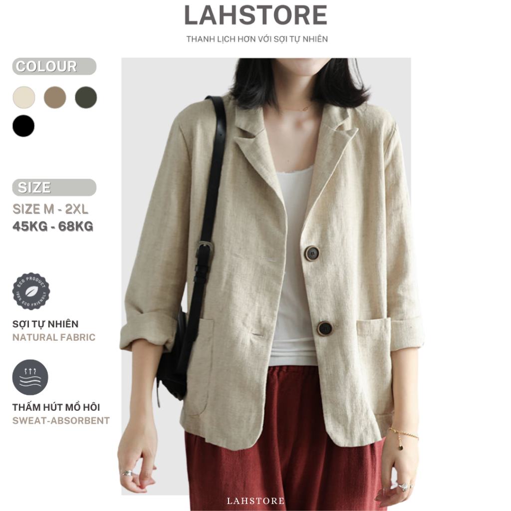 LAHSTORE เบลเซอร์ผู้หญิง ผ้าลินิน 1 ชั้น แขนยาว คอปก 2 กระเป๋า 2 ปุ่ม AB01 (สีเบจ,ดํา,มอส,สีน้ําตาล)