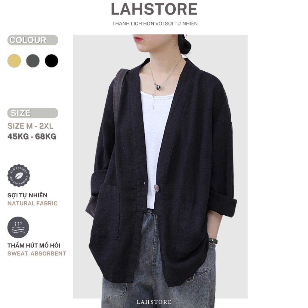 เสื้อคลุมตัวยาวผู้หญิง LAHSTORE ผ้าลินินดิบ ทรงคาร์ดิแกนสไตล์เกาหลีขั้นพื้นฐาน AK01 (สีดํา เหลือง มอส)