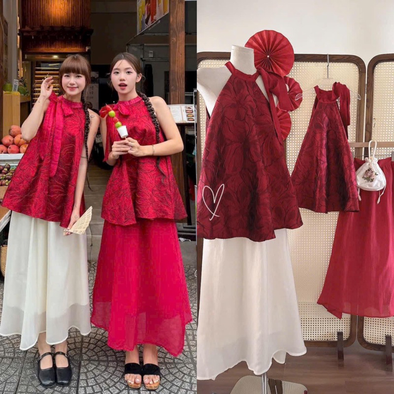 Set BBD เสื้อคล้องคอพร้อมหน้ากากนูนและกระโปรงมิดิชีฟองบานสีแดงและสีขาวสําหรับ Tet CLOSET