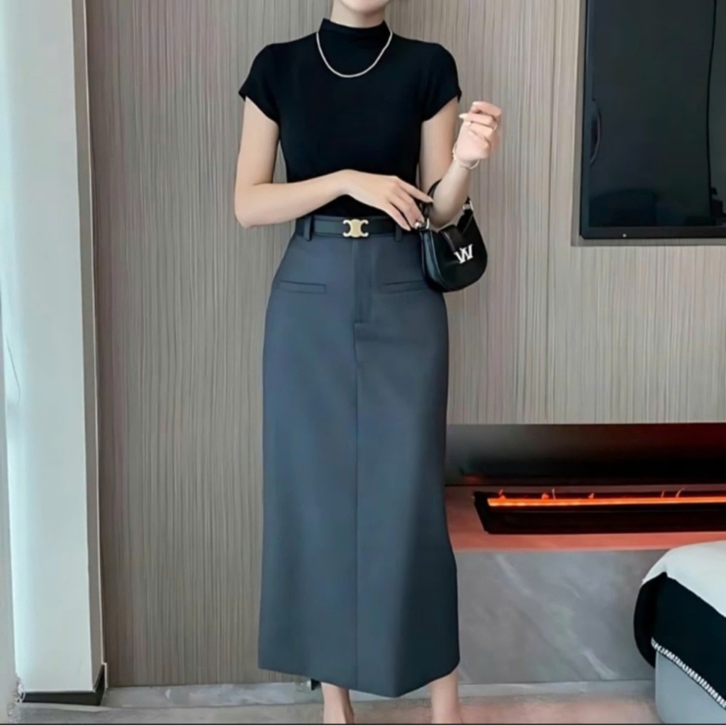 กระโปรงยาว78ซม ผ้าฝ้ายเย็นผ่าหลัง 2 ชั้น (แถมเข็มขัด) 78.2ข