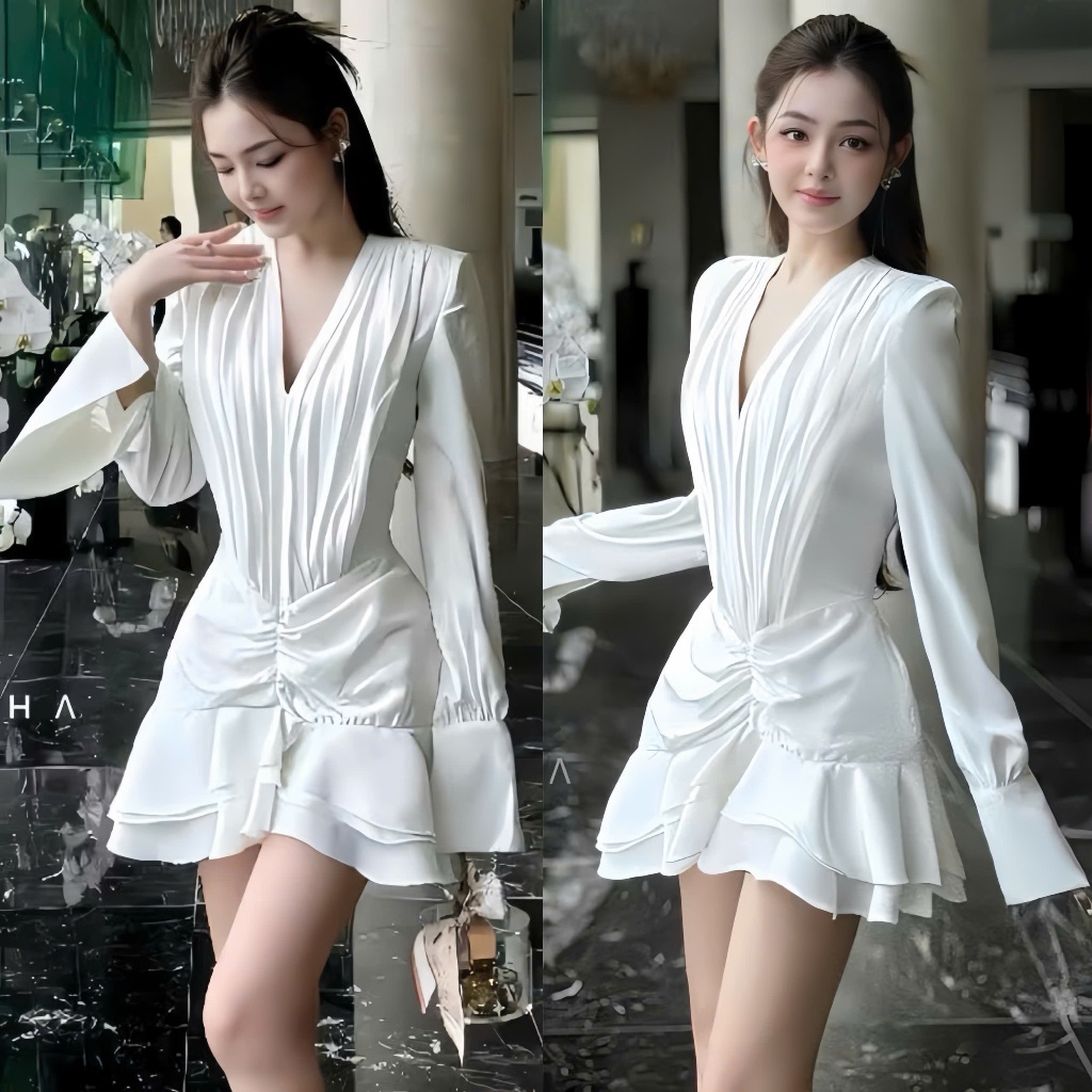 Lady dress A51 (พร้อมกางเกง) เดรสปาร์ตี้สวยหรูหราแขนยาวและจับจีบจับจีบจับจีบจับจีบจับจีบจับจีบสุด - 