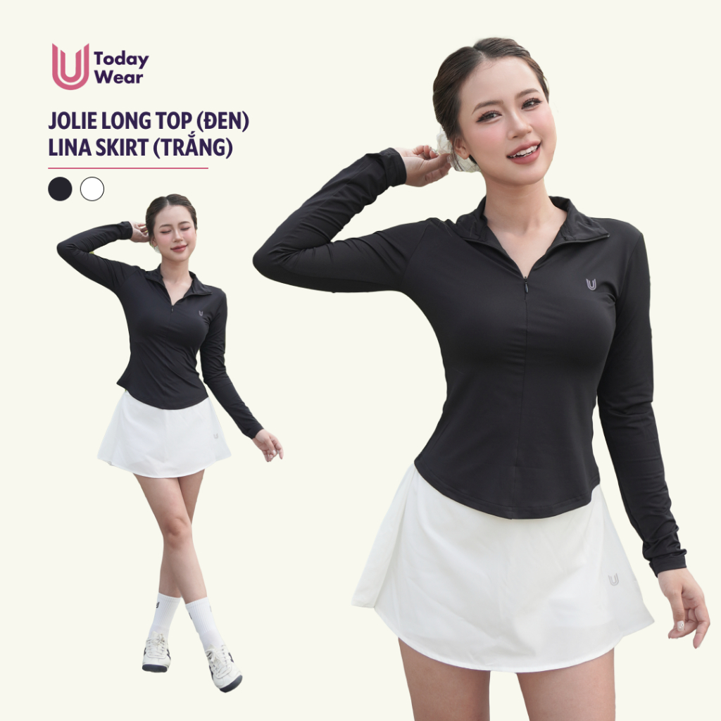 ชุดออกกําลังกายสีดํา Jolie Long Top พร้อมกระโปรง Lina สีขาว Today U Wear