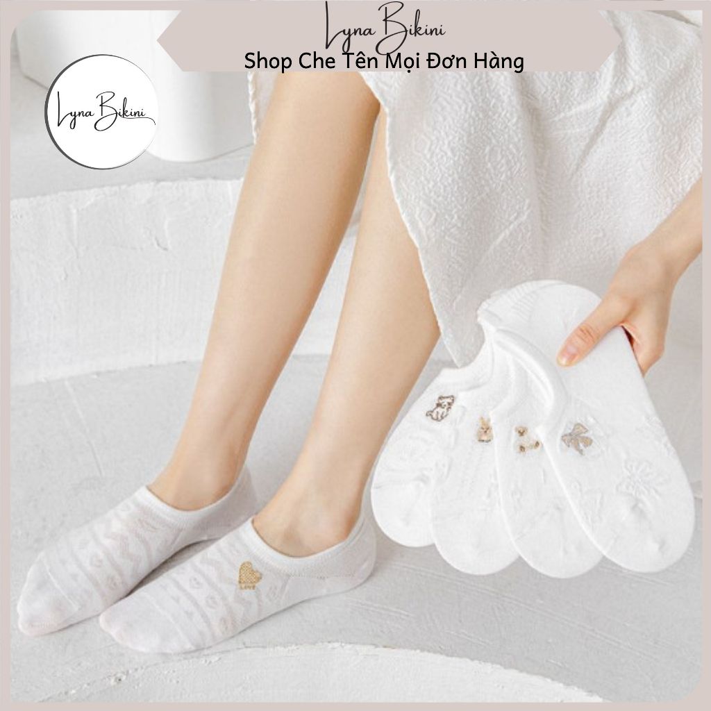 FUNNY EMBROIDERED VENTILATED KNITTED BOAT NECK SOCKS รุ่น T90