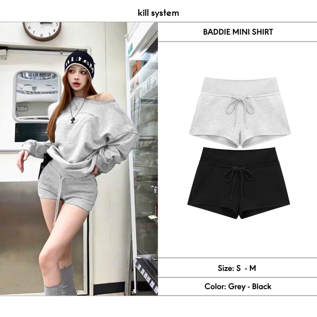 กางเกงขาสั้นผ้าสักหลาดผ้าฝ้ายหูรูด Baddie - ระบบฆ่า