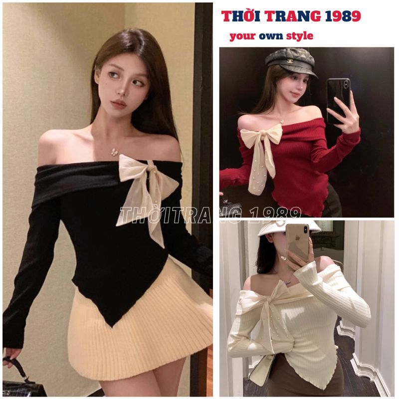 เสื้อปาดไหล่แขนยาวผูกโบว์ใหญ่ออกแบบมาเลดี้สไตล์สาวฮอตเกาหลี-1989