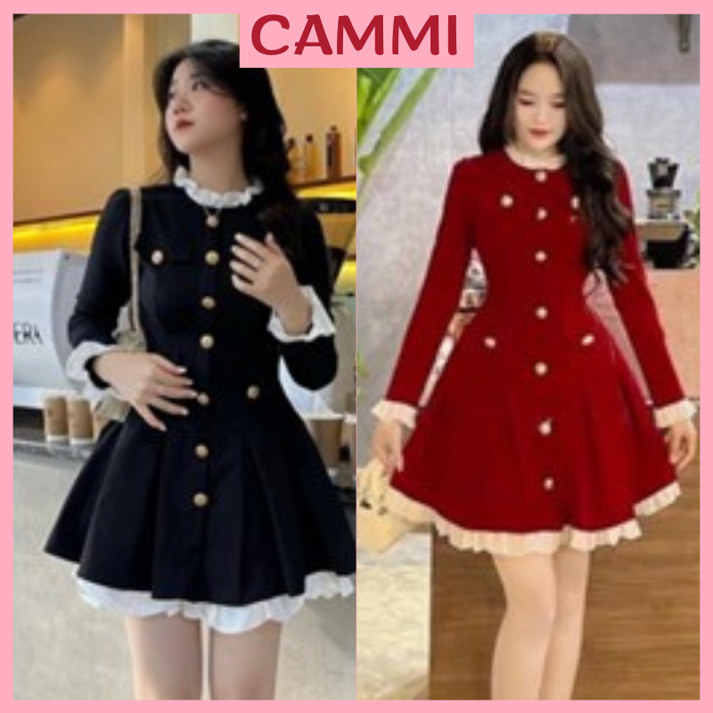 เดรสกํามะหยี่ระบายสีขาวทรงบานคุณหนู สุด ๆ สวย เดรสสีแดงคอปกติดกระดุมตัดขอบขาวสําหรับเทศกาลคริสต์มาสและปีใหม่ HV231