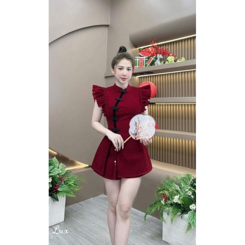 เดรสสายเดี่ยวกํามะหยี่จับจีบและหิน alohashop91